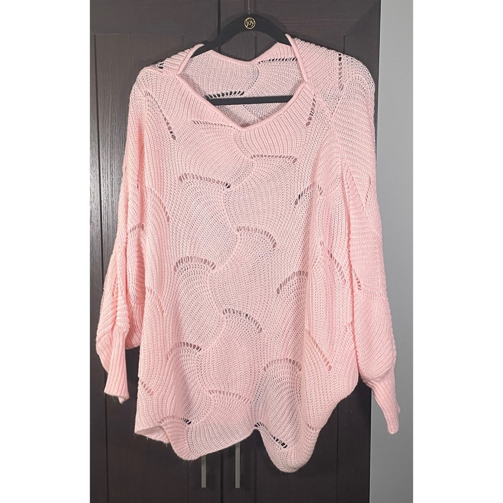 Womens Light Pink Batwing Open Knit V-Neck Scalloped Hem Pointelle Sweater